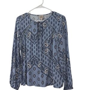 Como Vintage  Light Blue Paisley Tie-Neck Long-Sleeve Blouse Size Small
